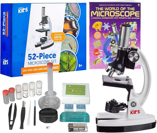 AmScope 1200X 52-pcs Kids Student Beginner Microscope Kit with Slides, LED Light, Storage Box and Book The World of the Microscope