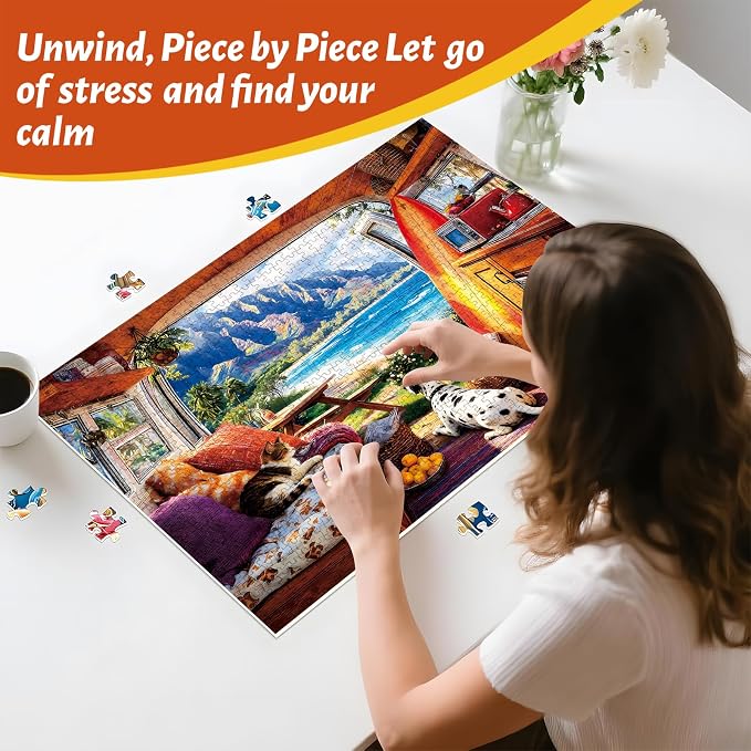 500 Piece Jigsaw Puzzle for Adults –Camper Van Dog Cat Jigsaw Puzzles 500 Pieces, RV Camping Puzzles for Adults 500 Pieces, Challenging Perfect for Game Nights, 20.5 X 15 in