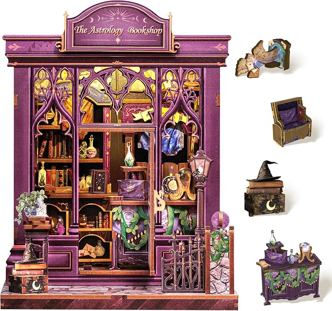 Cutefun Book Nook Kit - DIY Miniature Dollhouse Booknook Kit for Adults and Teens, 3D Wooden Puzzle Bookshelf Insert Decor with LED Light, Gifts for Book Lovers and Beginners (The Astrology Bookshop)
