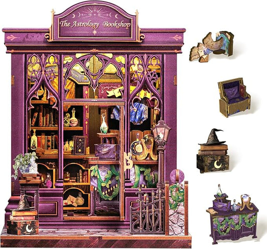 Cutefun Book Nook Kit - DIY Miniature Dollhouse Booknook Kit for Adults and Teens, 3D Wooden Puzzle Bookshelf Insert Decor with LED Light, Gifts for Book Lovers and Beginners (The Astrology Bookshop)