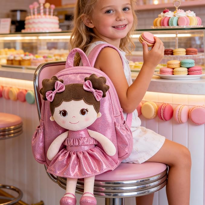 Lazada Toddler Backpack - Baby Girl Gifts Curly Fingerprints Plush Doll Dress Backpack - Fashion Girls Curly Rolled Fingerprints Series - Peach 11 Inches
