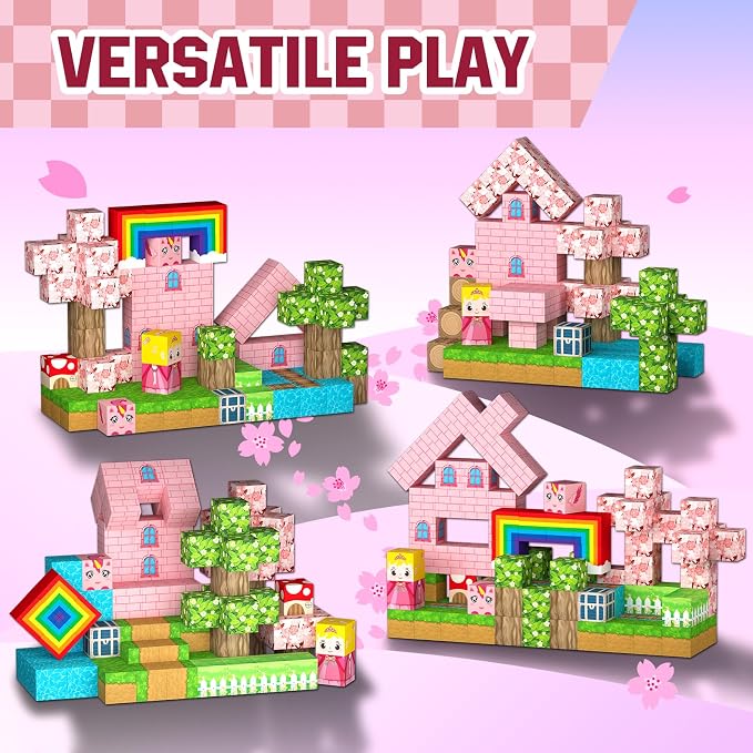 Uucoco 100PCS Magnetic Blocks - Princess Castle Building Toys Montessori Sensory Toys Birthday GIFS for Girls 3 4 5 6 7 8 9 10+ Years Old, Creative Magnets Games for Toddler Kids