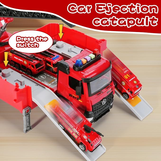 Toy Fire Truck Toddler Rescue Firetruck - Fire Engine Toy with Water Pump STEM Education Lights & Sounds Transformer Ejector Truck Car Race Track Kids Ages 3-5 6 7 8 Year Old Christmas Birthday Gift