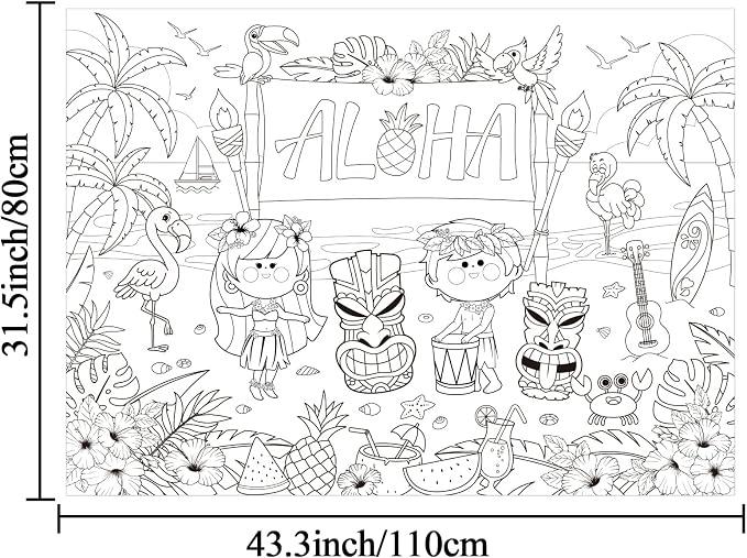 ZOIIWA Hawaiian Aloha Giant Coloring Poster Large Summer Coloring Sheet Big Luau Tropical Table Cloth Jumbo Books Page for Home Craft Activity Game Birthday Party Decoration Supplies 31.5 x 43.3 Inch