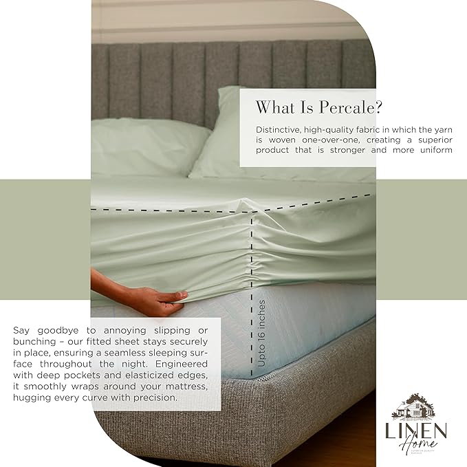 Linen Home 100% Cotton Percale Sheets California King Size, Sage, Deep Pocket, 4 Pieces Set- 1 Flat, 1 Fitted and 2 Pillowcases, Crisp Cool and Long Staple Strong Bed Linen