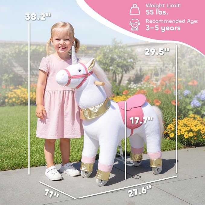 Qaba Ride on Horse for Kids 3-5 Years, 29.5 Inch Height Plush Riding Unicorn, Walking Horse Animal with Rolling Wheels for Active Play, No Batteries Required, White