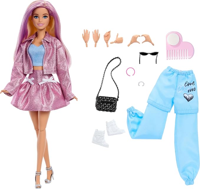 Barbie Deluxe Style Doll in Metallic Pink Barbiecore Skirt and Jacket, 4 Fashions, 4 Accessories, 4 Interchangeable Hands, 2 Shoes & Color Change Hair