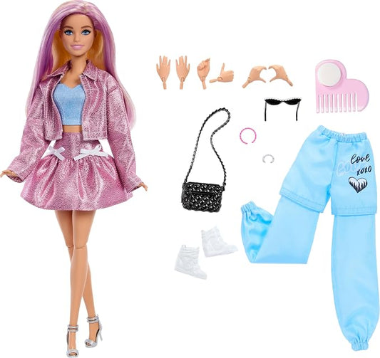 Barbie Deluxe Style Doll in Metallic Pink Barbiecore Skirt and Jacket, 4 Fashions, 4 Accessories, 4 Interchangeable Hands, 2 Shoes & Color Change Hair