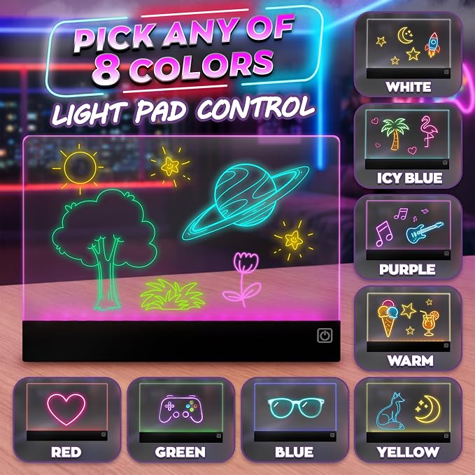 Upgraded 16 Inches LED Drawing Board – Rechargeable, 8 Colors, 11 Light Modes, Adjustable Brightness – Acrylic Light Board for Tracing with Stand, Markers and Full Kit – Birthday Gift Set (Black)