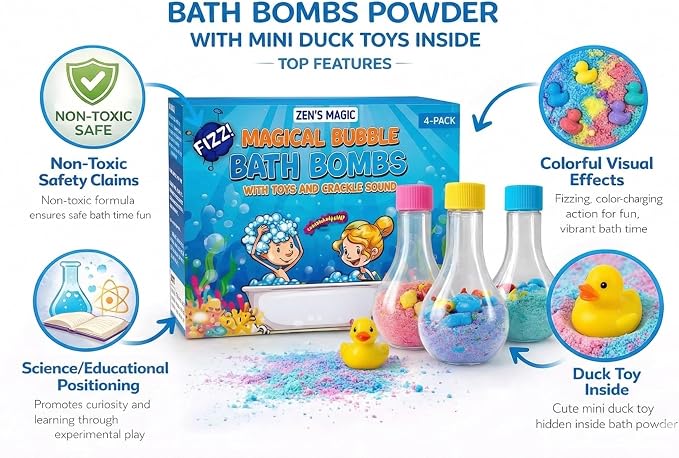 Bubble Bath Bombs for Boys with Mini Toy Ducks Inside – Bubble Bath for Kids - Kids Bath Bombs Toys Powder– Bathtime Experiment Kit Mix - Blast of Foam & Colours – Gift Set of 4 - Bath Toys