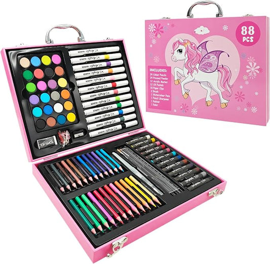 88Pcs Little Pink Horse Markers Set, Drawing Set For Artists, Portable Art Case, Color Pencils, Pressed Powder, Acrylic Marker, Oil Pastels with Case ect