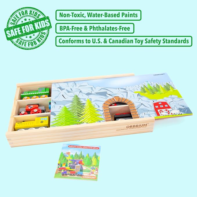 Wooden Train Set 12 PCS Magnetic Toy Train Cars with Storage Box Cover Tunnel Compatible with Thomas Brio Melissa and Doug Wooden Railway Toys for Grandkids Kids Toddlers Boys Girls (Pack of 2)