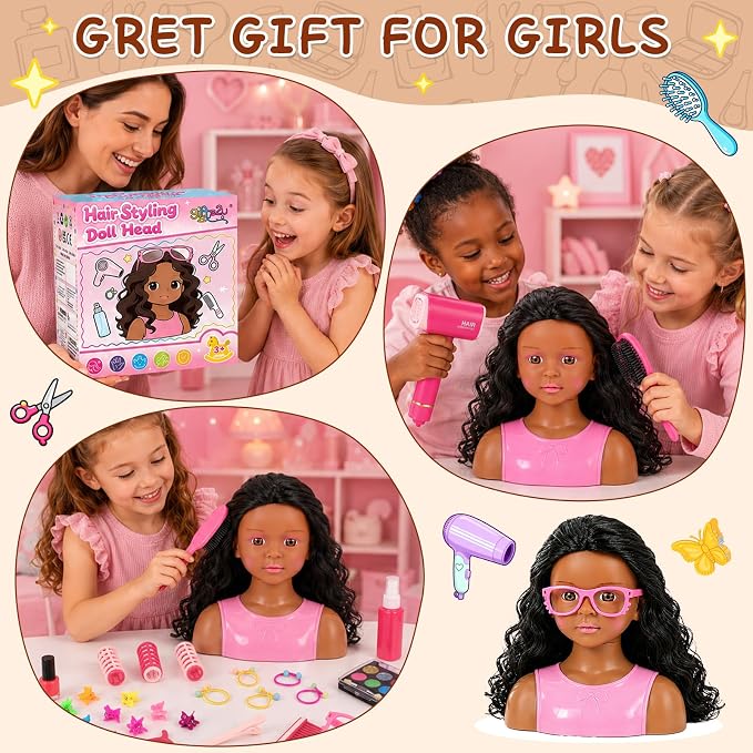 Doll Head for Hair Styling Makeup Kids, Pretend Play Hair Salon Toys for Girls with Hairdryer Accessories Real Lipstick Makeup Palette, Black Princess Birthday Gifts for 3 4 5 6 7 8 Years Old