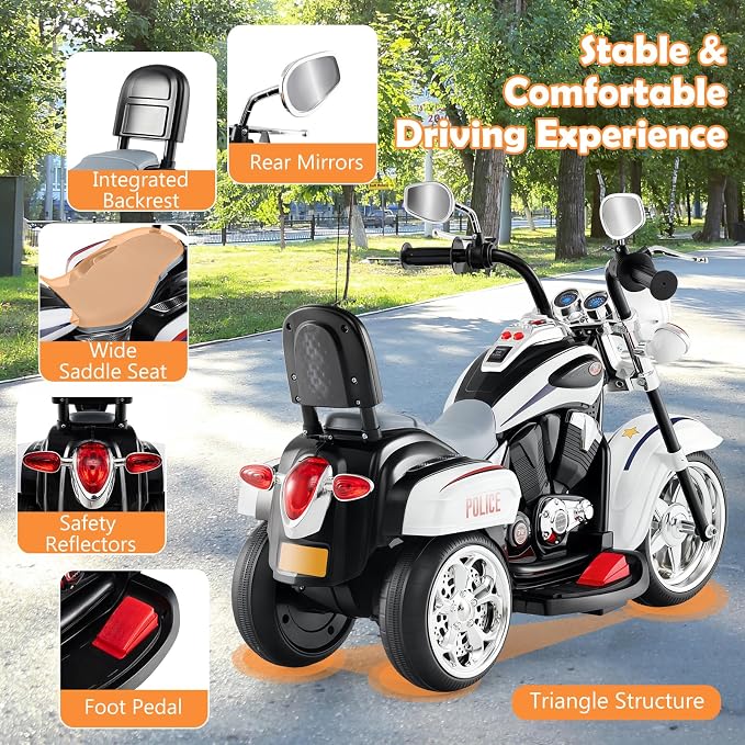 Costzon Kids Motorcycle, 6V Battery Powered Ride on Chopper Motorcycle w/Horn, Headlight, 3-Wheel Stable Ride on Toys, Electric Toddler Motorcycle for Kids, Gift for Boys Girls (Police White)