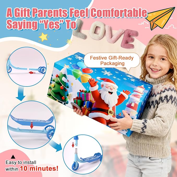 Kick Scooter for Kids Ages 3-7, Three Wheel Toddler Scooter with Handlebar Steering(No Lean),Height Adjustable, Light Up Rear Wheels, Indoor Outdoor Toy for Girls Boys, Holiday Birthday Gift