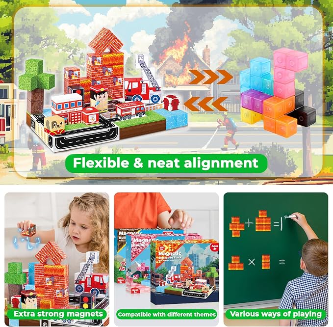 Goody King Magnetic Blocks|100PCS Fire Truck Magnetic Building Cube Game,Constructions Toys for Boys & Girls Age 3-4,5-8 9 10,STEM Montessori Stacking Toy,Sensory Tiles Building Birthday for Toddlers