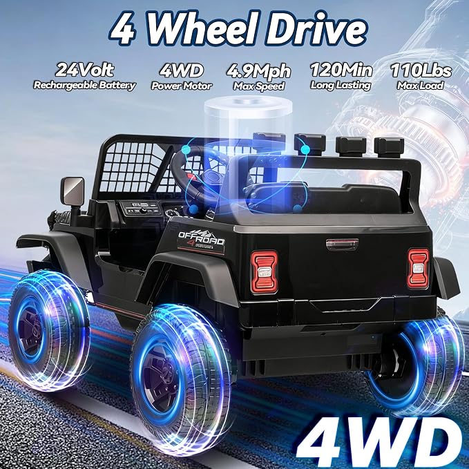 24V Jeep Power Wheels w/Remote Control, 4WD Ride on Truck Car, 3 Speed, Bluetooth Music, Wide Seat, Spring Suspension, LED Light, Birthday for Boys Girls Toddler (D-Black)