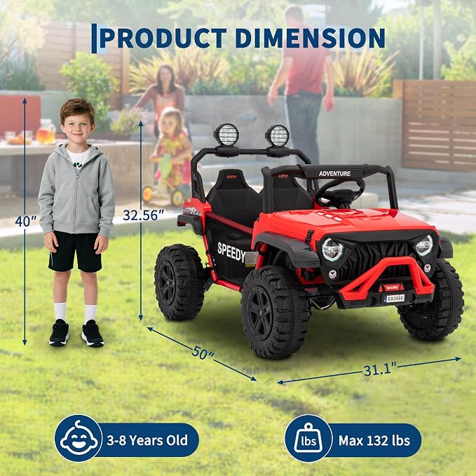 Powerful 24V Ride on Car for Kids, Ride on Truck with Remote Control - 4WD Electric Car, 2 Seater UTV, Spring Suspension, Front & Behind LED Lights, Dual Storage, 3 Speeds, Music,