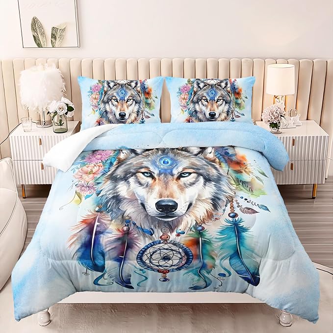 AILONEN Wolf Comforter Set - Dream Catcher Bedding Queen Size with 2 Pillowcases, Native American Wolf Printed Duvet Set, 3 Pieces