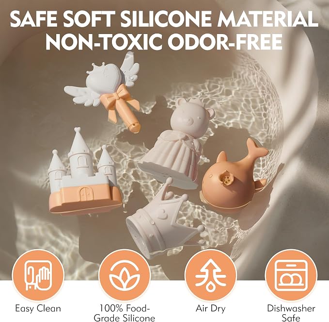 MarcZero Princess Silicone Bath Toys 8Pcs for Toddlers Kids Babies,Bathtub Water Toys,Soft Squeezable Easy-Grip Pool Toys Set (Peach)