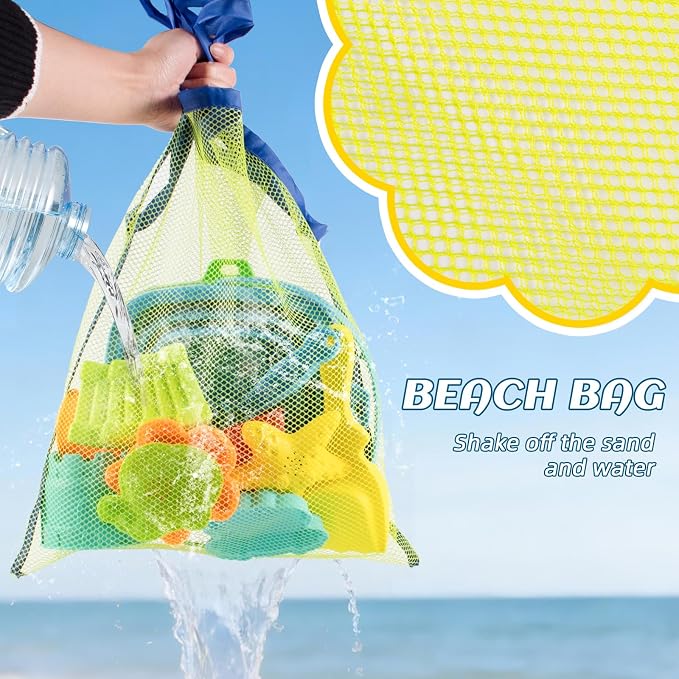 Collapsible Beach Toys for Toddlers Kids – 2 Foldable Sand Buckets Shovel Rake, 8 Sand Molds & Castle Building Kit, Mesh Bag – 13-Piece Travel Sandbox Toy Set Ages 3-12