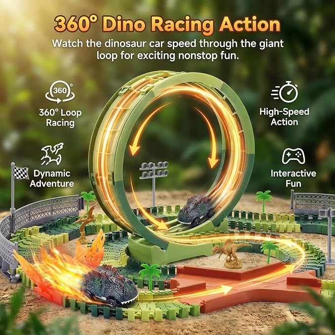 Dinosaur Race Track Toys for Boys 3-5, Flexible Car Track Set with Giant Loop, Dinosaur Adventure Race Cars Playset for Boys Age 4-7 Birthday Gifts