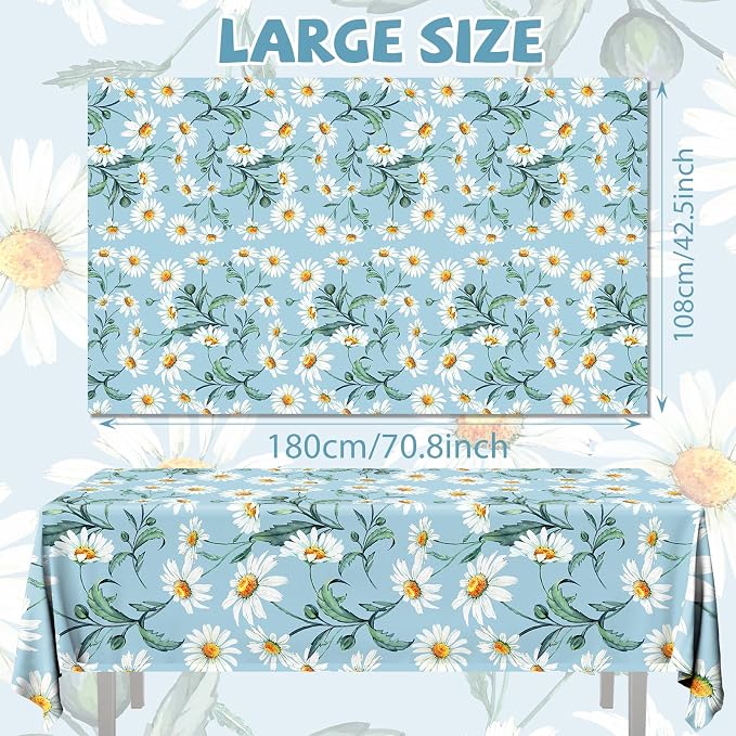 Spring Daisy Flower Tablecloth,3pcs Blue Flower Table Covers Plastic Rectangle Tablecloth for Retro Theme Daisy Birthday Party Decor
