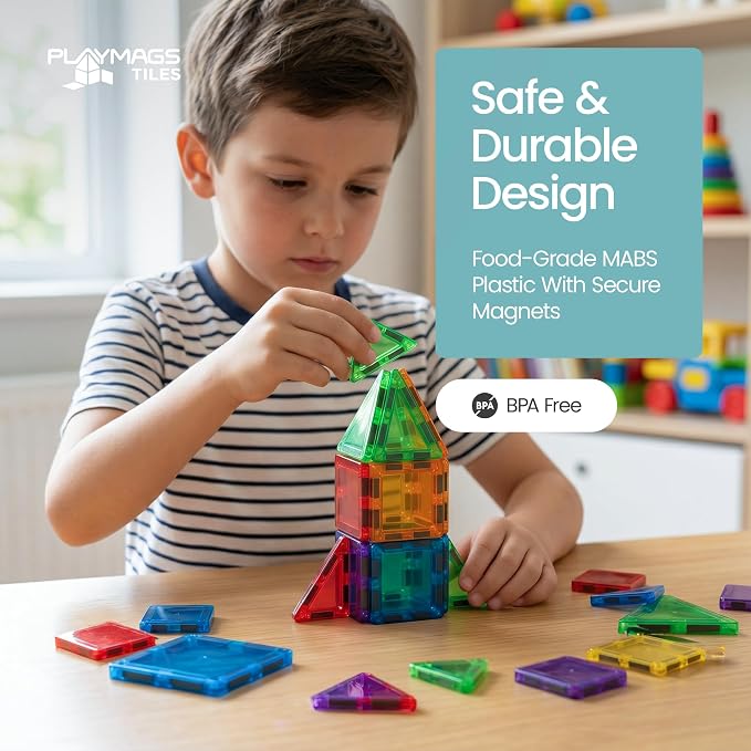 Playmags Mini Magnetic Tiles for Kids 27-Piece Set | Travel Magnetic Blocks | STEM Sensory Educational Toys | Portable Toddler Building Toys | Gift for Boys & Girls Ages 3