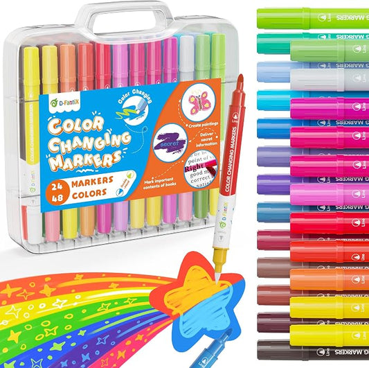 D-FantiX Color Changing Markers for Kids Adults, 24 Pack 48 Colors Dual Tip Magic Drawing Pens Art Supplies, Arts and Crafts Coloring Set, Car Airplane Travel Activities, Gifts for Boys Girls Teens