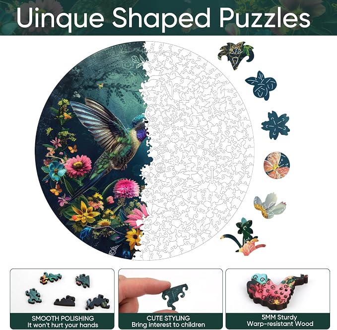 Mys Aurora Wooden Puzzles for Adults, Hummingbird Jigsaw Puzzles 200 Pieces, Unique Shaped Round Flower Puzzles for Adults and Kids, Family Game 11.2 x 11.2 Inch Medium Size