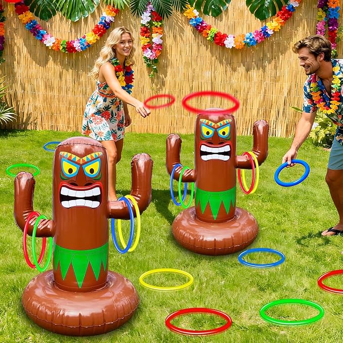 27" Inflatable Luau Tiki Pool Toss Games, Tiki Pool Ring Toss Toys with 4 Rings for Adults Indoor Outdoor Tropical Summer Swimming Inflatable Bean Bags Toss Hawaiian Luau Party Supplies