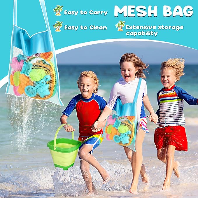 Dreamon Beach Toys for Kids 3-10, Collapsible Sand Toys Include 3 Pack Foldable Buckets, 24 PCS Beach Mold and Shovels Molds, Travel Sandbox Beach Toys for Kids Toddler with Mesh Bag