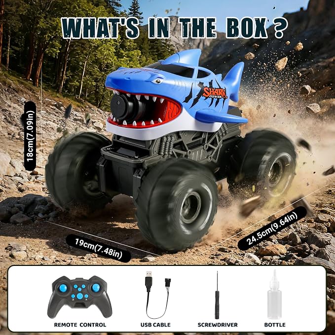 BOBXIN Amphibious Remote Control Shark Monster Truck Squirt Water,4WD All-Terrain Off-Road 2.4Ghz Waterproof RC Car Pool Water Toys for Kids Age 6+ Blue