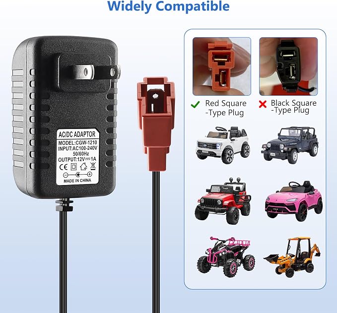 12V Battery Charger for Ride On Car Toy, Compatible with BMX X6, Kid TRAX GMC, Wal-Mart, Moto ATV Quad, Electric Vehicle Power Adapter with Square Plug