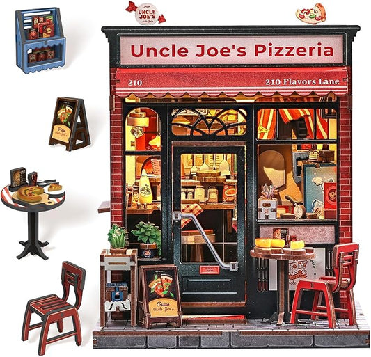 CUTEBEE Book Nook Kit - DIY Miniature House Dollhouse Kit for Adults and Teens, Booknook Tiny House Bookshelf 3D Wooden Puzzle, Gifts for Family (Uncle Joe's Pizzeria)