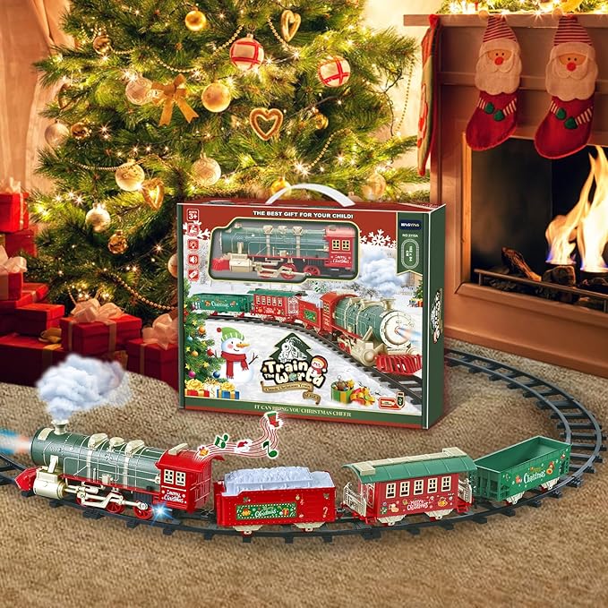 Electric Train Set for Kids Ages 4-8 with Real Steam, Lights and Sounds, Complete Toy Train Set with Cars and Tracks, Easy Snap-Together Assembly, Christmas and Year-Round Gift for Children