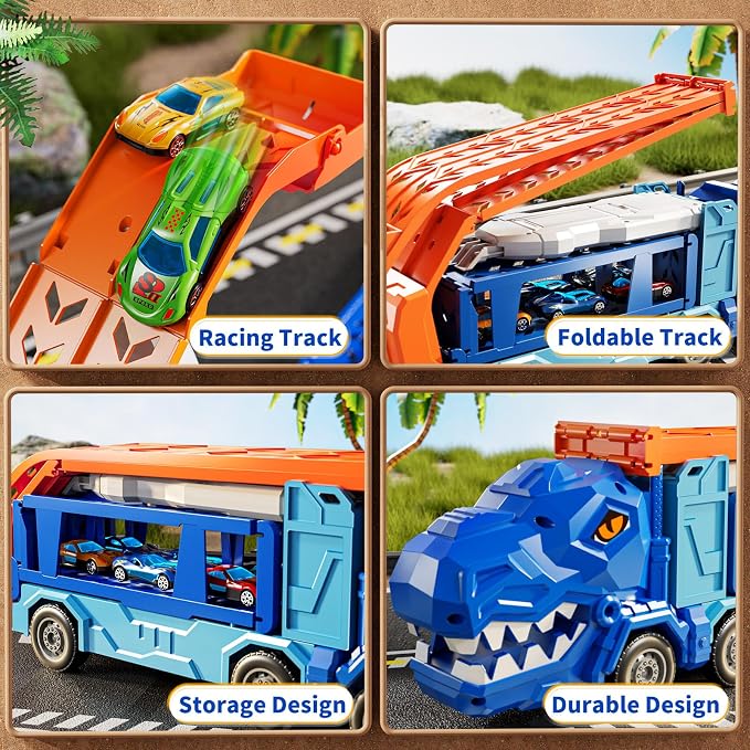 Race Track Truck Toys for 3 4 5 6 7 8 Years Old Boys, Carrier Vehicle Playset with 12 Die-Cast Racing Car Toys, 2-Tier Storage, Car Ramps, Birthday Gifts for Toddlers Kids Girls Age 3-5 4-8