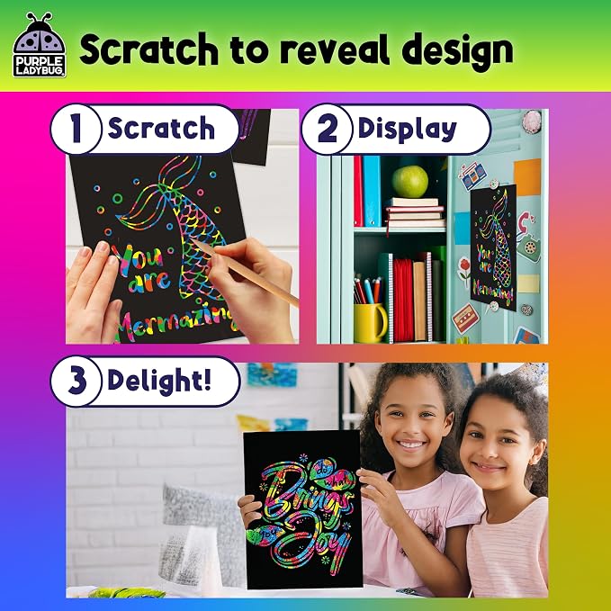PURPLE LADYBUG Rainbow Scratch Art Paper, 79 PCS Creative Drawing Paper & Stencils - Arts and Crafts for Ages 4-12, Kids Craft Activity Set, Summer Activities for Kids, Travel & Wedding Activities