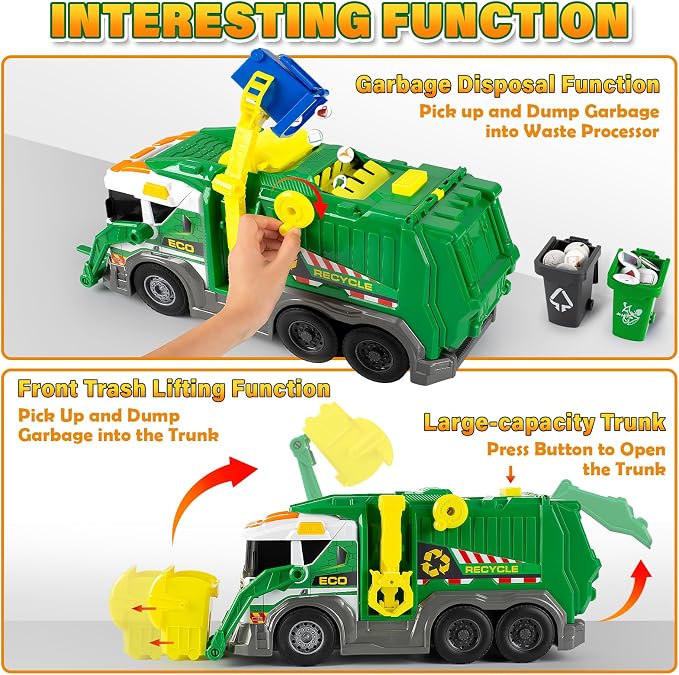 Large Garbage Truck Toy Set for Boys Ages 3 4 5 6 7 8, Kids Trash Truck with Sound, Light, Dumpster, Trash Bins and Learning Cards, Friction Powered Garbage Trucks Christmas Birthday Gifts for Toddler