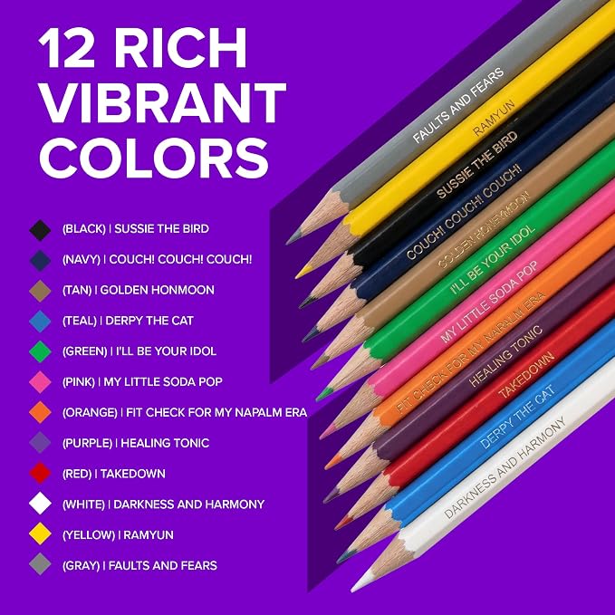 KPop Color Hunters Colored Pencil Set - 12 KPop Demon Hunters Merch Pencils with Clever Foil-Stamped Names, Soft Core Pencils for Coloring Books, Drawing, Ideal Gift for KPop Demon Hunters Fans