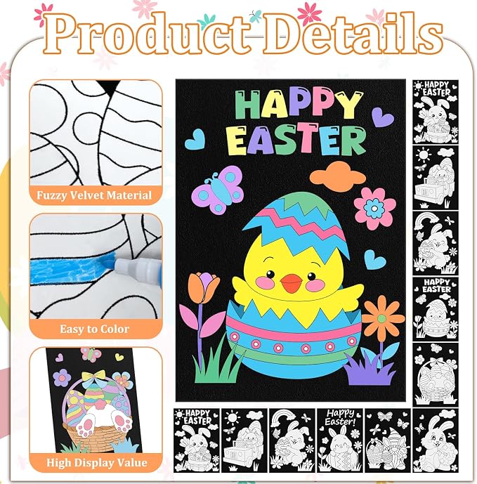 Cinrobiye 48 Pcs Easter Velvet Coloring Posters Fuzzy Spring Coloring Pages Bulk Felt Art Craft Activity for Adults Teenagers All Ages Classroom Assisted Living Holiday Art&Craft Projects Activity