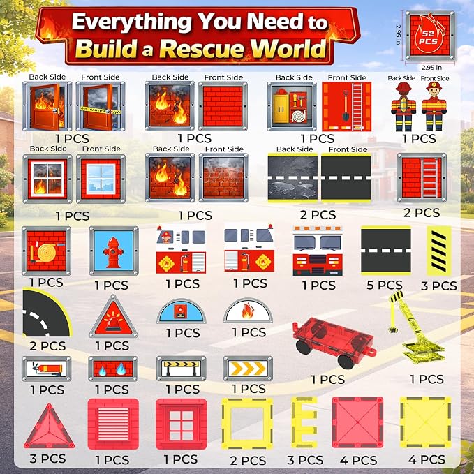 LATI Fire Rescue Magnetic Tiles for Kids,Double-Sided Fire & Rescue Blocks with Fire Truck, Station, Roads & Crane, STEM Magnetic Building Blocks for Boys & Girls Ages 3-8