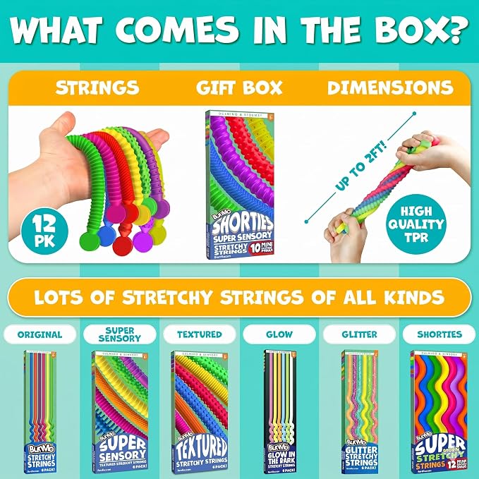 BUNMO Stretchy Strings - Sensory Toys - Stimulating & Addictive Toys for Kids - Fidget Toy - Hours of Fun for Kids - Non-Mouthable Toy 3+ - Mini Sensory 10 Pack