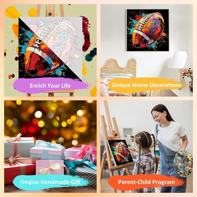 Mandun Football Paint by Numbers Kit for Kids with Frame, Football Paint by Numbers for Kids Ages 4-8-12,Oil Painting for Home Wall Art Decor Gift 7.8x7.8 inch (with Frame Easel)