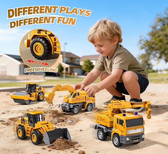 KukuFun 4-Pack Construction Truck Toys for Toddlers Boys 2-4 3-5 Years Old, Sand Toy Trucks Bulk for Sandbox with Excavator, Outdoor Kids Play Truck Vehicle Set for Ages 1 2 3 4 5 Toddlers Gifts