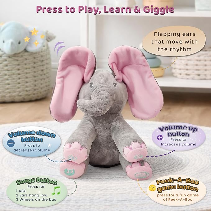 Dimple Kaia Elephant Stuffed Animal Toy - Animated Plush Pink Singing Elephant, Interactive Musical Peek-a-Boo for Babies, Kids, for Toddlers, Ages 0 and Up(Battery Included)