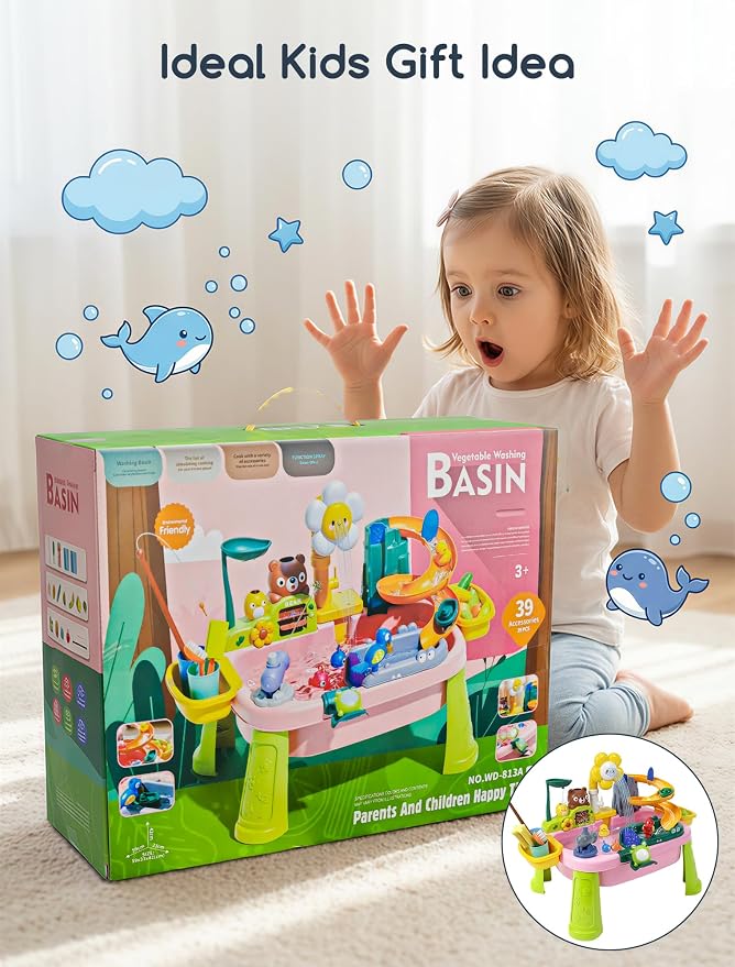 OKPOW Sturdy Water Table for Toddlers 1-2: No Tipping on Uneven Backyard | 4 Wide Legs & 3-Gal Sink Reduce Wobble by 80% - Keep Toddlers Safely Engaged in Splash Play, Tool-Free Assembly