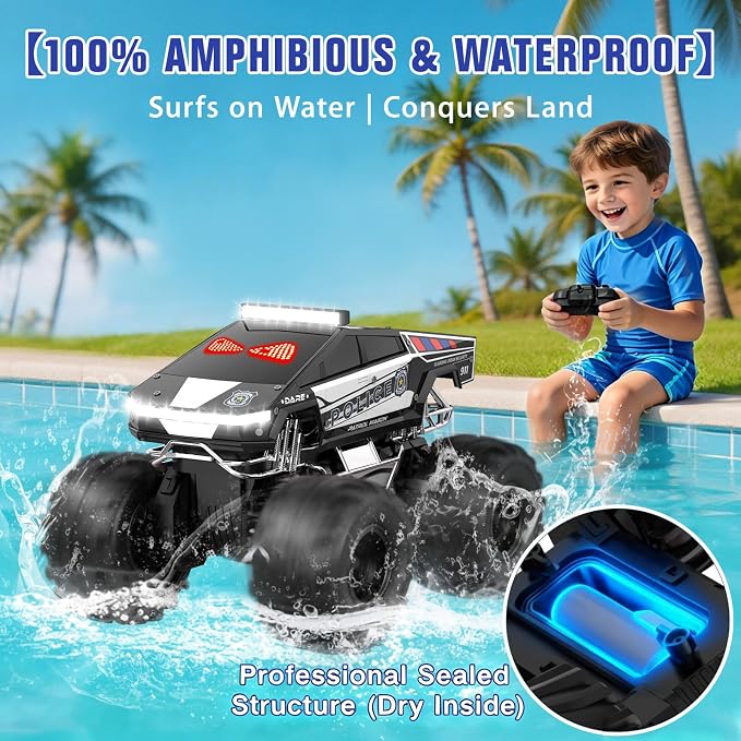 Qrytoi Police Remote Control Car with LED Light Eyes, Waterproof Amphibious Monster RC Car, 2.4GHz 4WD All-Terrain Cyber Truck Toy, Birthday Gift for Kids Ages 6-12