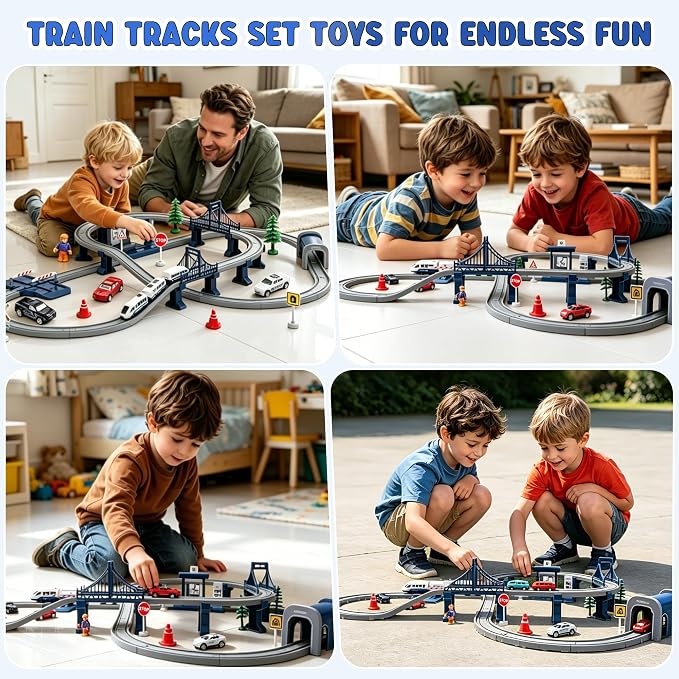 Wdmiya Train Sets for Boys 4-7, 104 Pcs Battery Operated Train Set with Tracks(Magnetic Connection), Compatible with Thomas, Brio, Chuggington, Gifts for 3 4 5 6 Years Old (City Blue 104 Pcs)