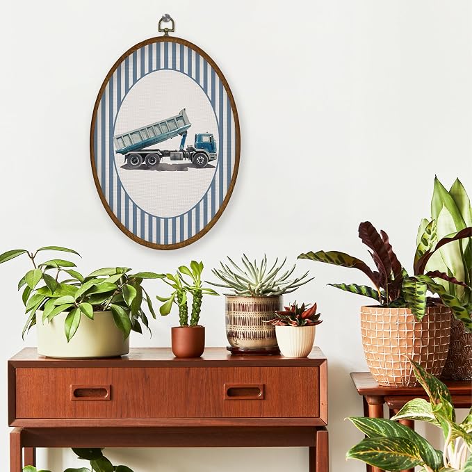 WULQYING Boy Nursery Dump Truck Wall Art Decor, Boys Room Oval Framed Canvas Art Prints, Blue Striped Construction Vehicle Wall Hanging Decor for Kids Boys Room Bedroom Playroom, 8.6x11.4 Inches